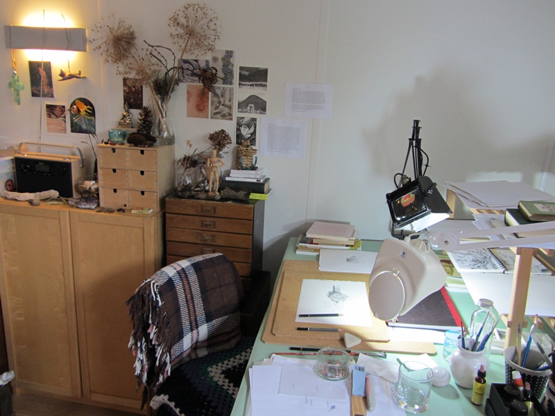 A corner of my studio with drawing of lichen