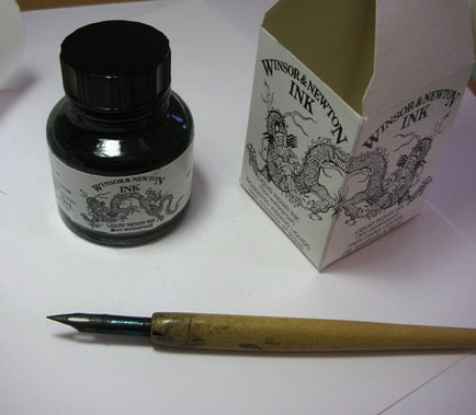 Photograph of dip pen with Gillott nib, and pot of ink