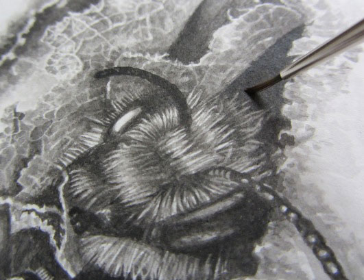Ink is applied by brush to a drawing of a leafcutter bee