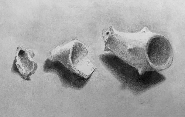 Pencil drawing of three pipe bowl fragments